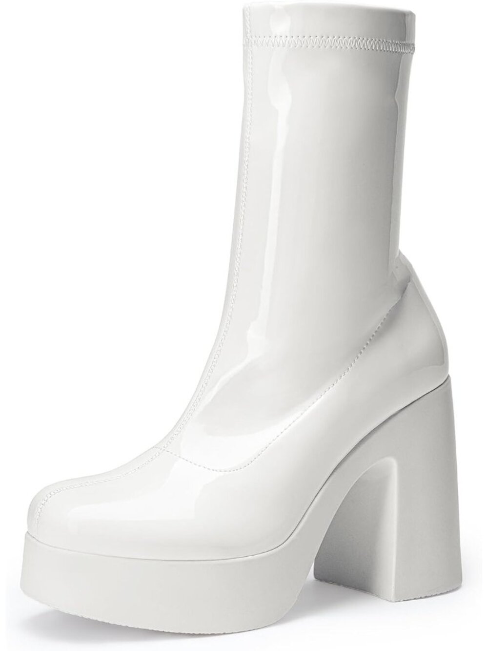 Women's White Faux Leather High Chunky Block Heel Casual Platform Ankle Booties